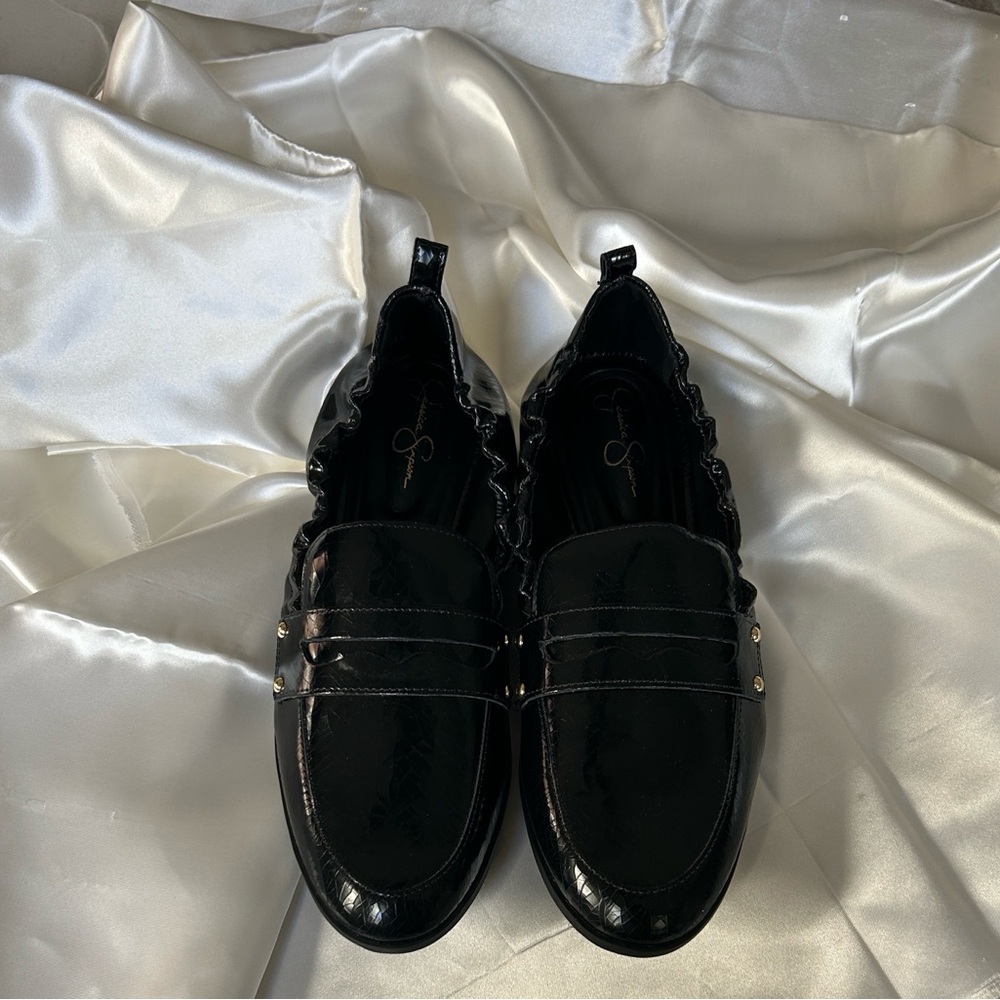 Jessica Simpson Black Patent Loafers with Gold Accents Size 11